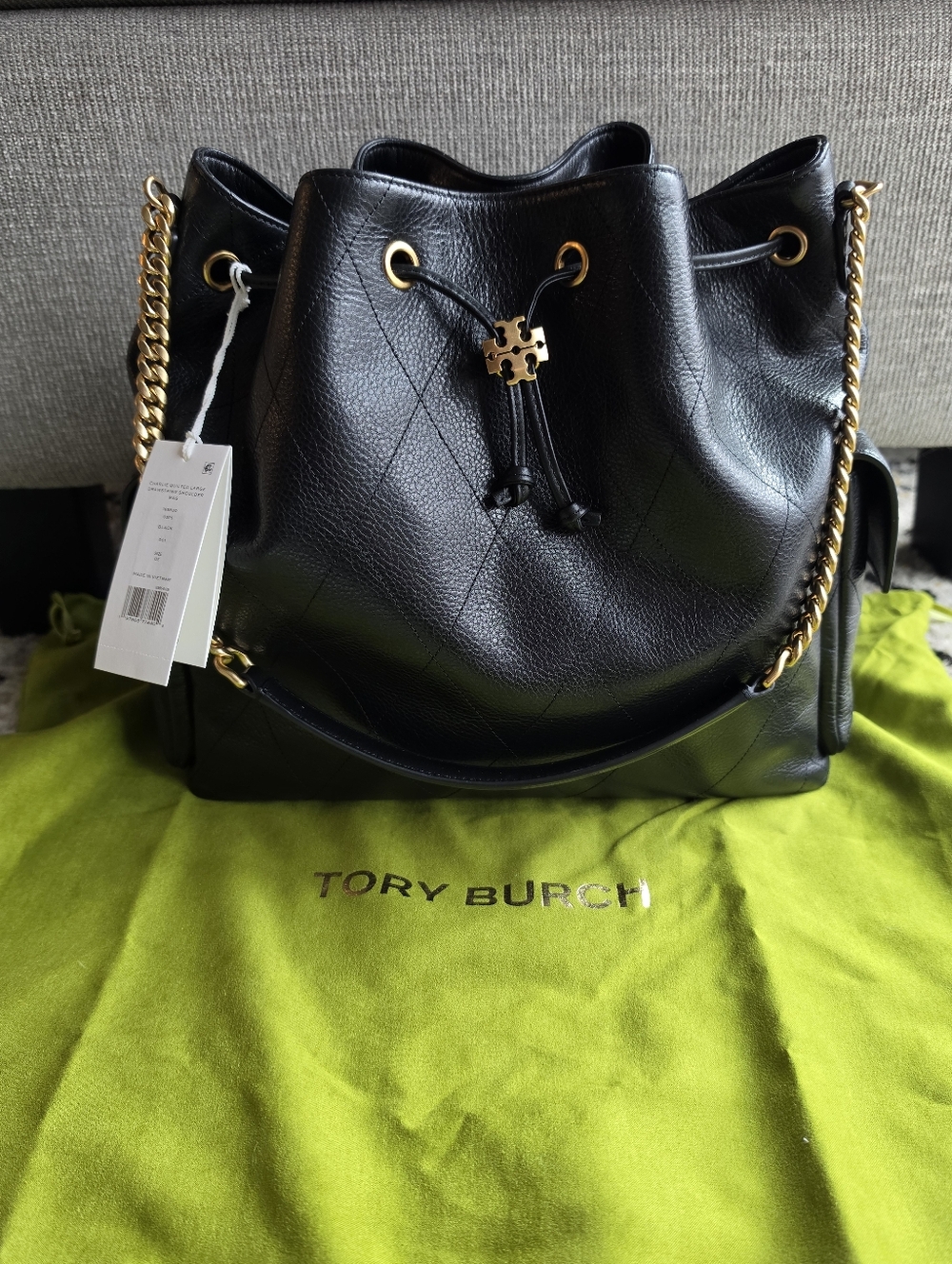 Tory Burch Large Charlie Quilted Drawstting Shoulder Bag